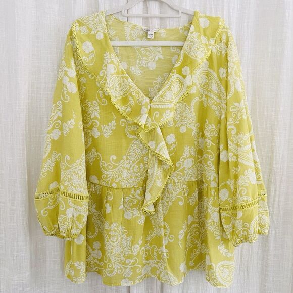 Cato Green & White Floral Billowy Flowy Boho Cottagcore Blouse - Plus 22/24W - Picture 1 of 9
